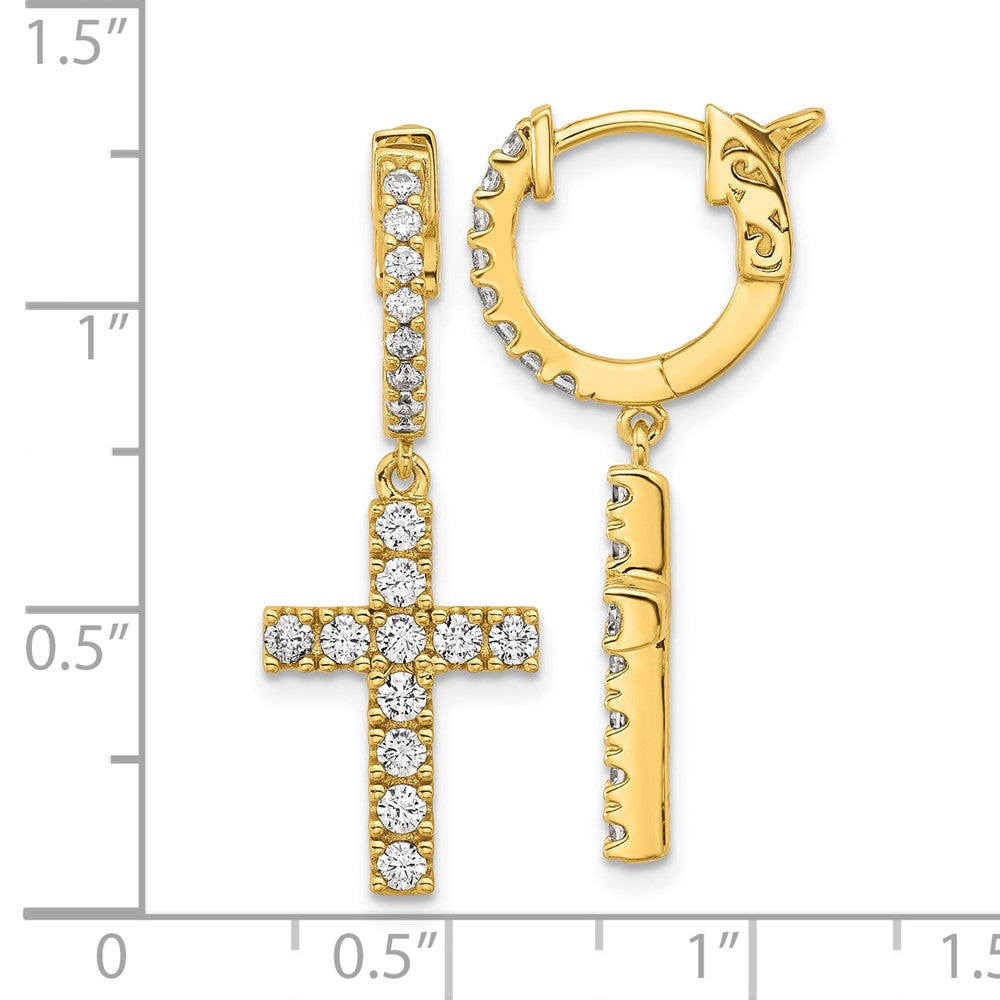 Sterling Shimmer Sterling Silver Gold-tone Flash Gold-plated CZ 38 Stone Cross Hinged Hoop Earrings