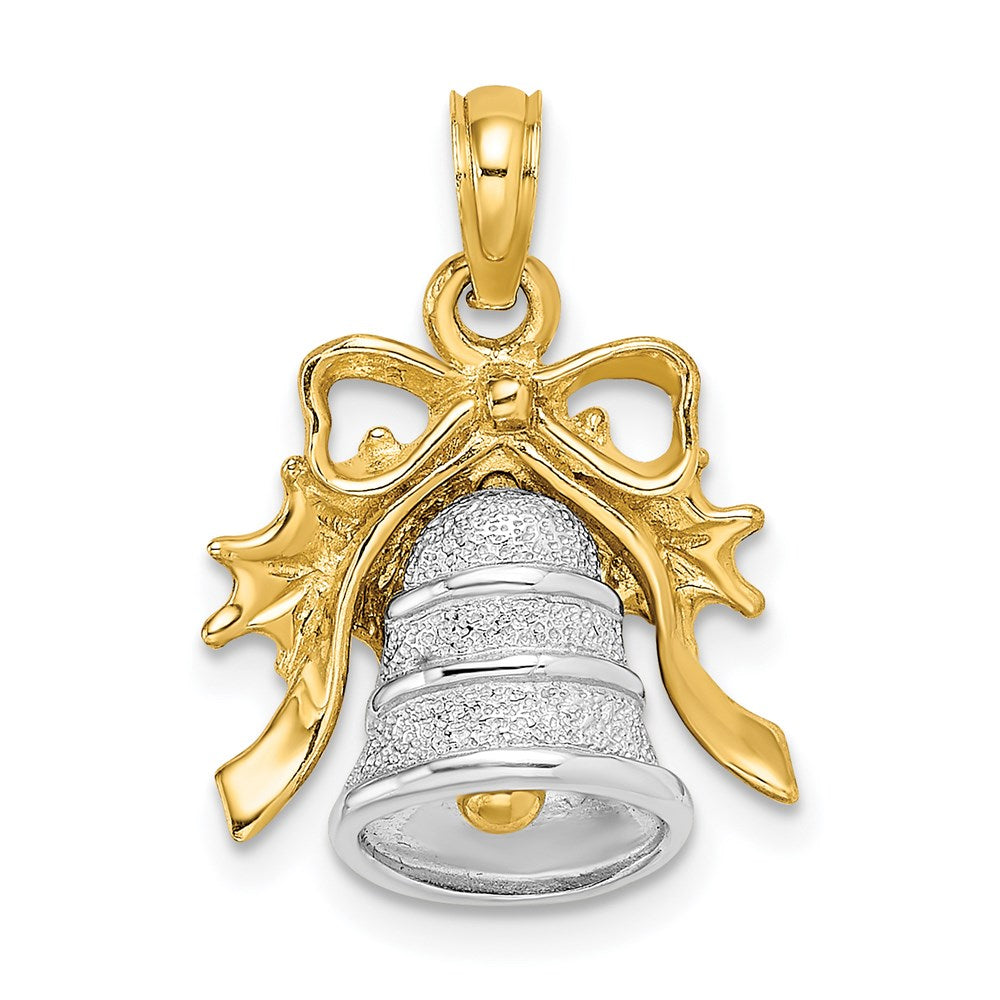 14k Two-Tone 3-D Christmas Bell and Holly Charm