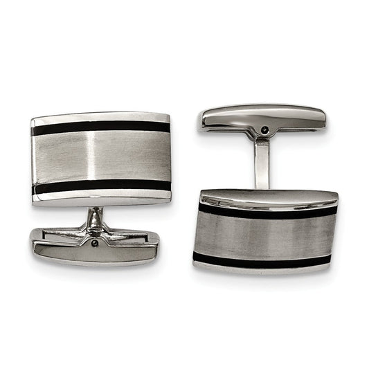 Stainless Steel Brushed and Polished Black Rubber Rectangle Cuff Links