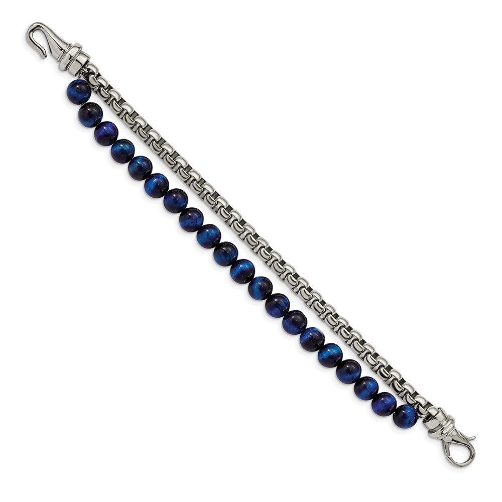 Stainless Steel Polished Box Chain & Blue Tiger's Eye 2 Strand 8.5in Bracel 8.5 inches