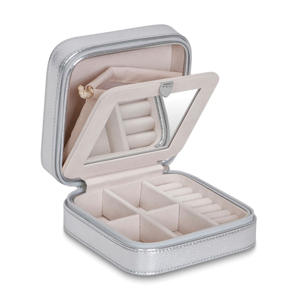 Metallic Silver Vegan Leather Multiple Compartment Travel Jewelry Case