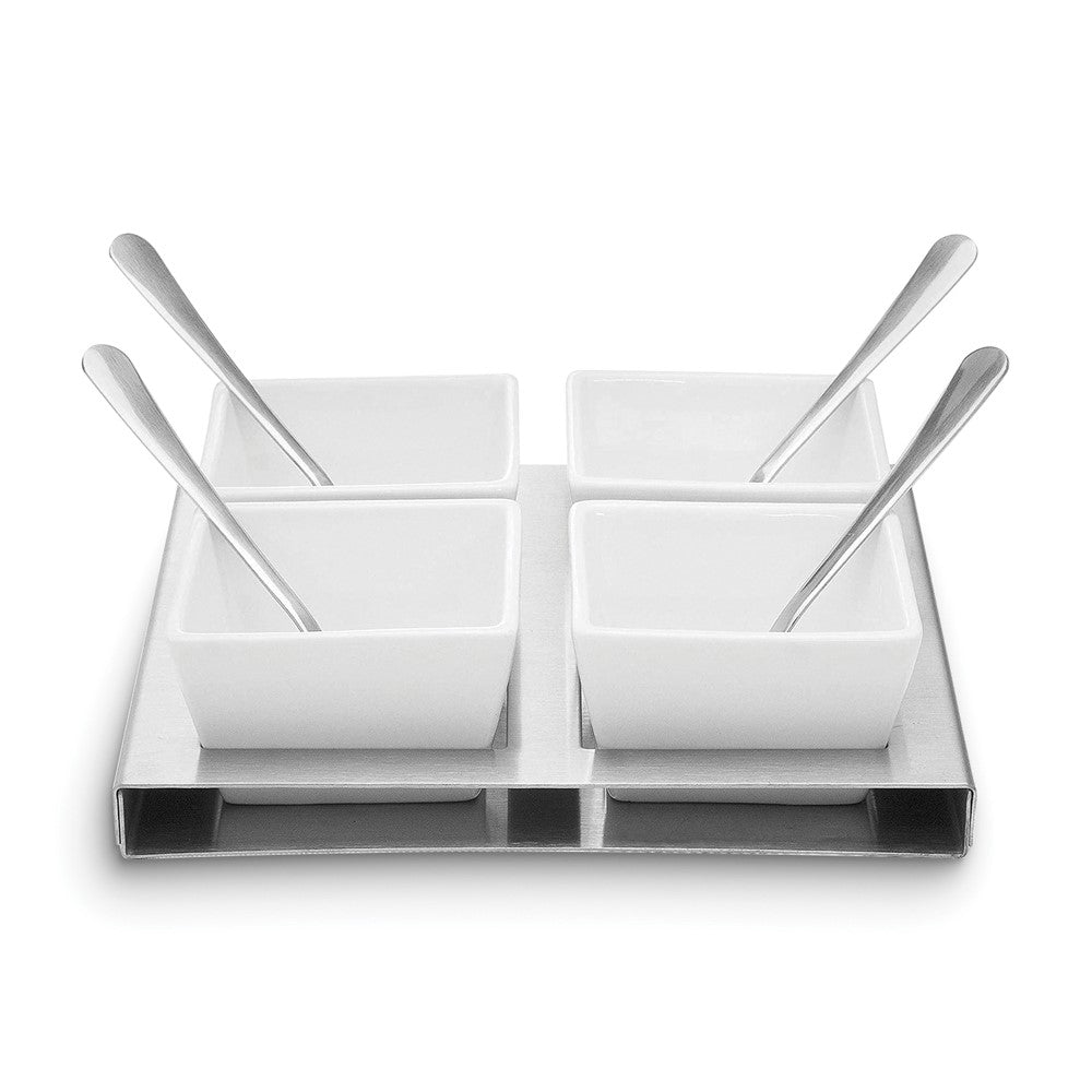 Ceramic White Bowl 9 Piece Serving Set with Stainless Steel Tray