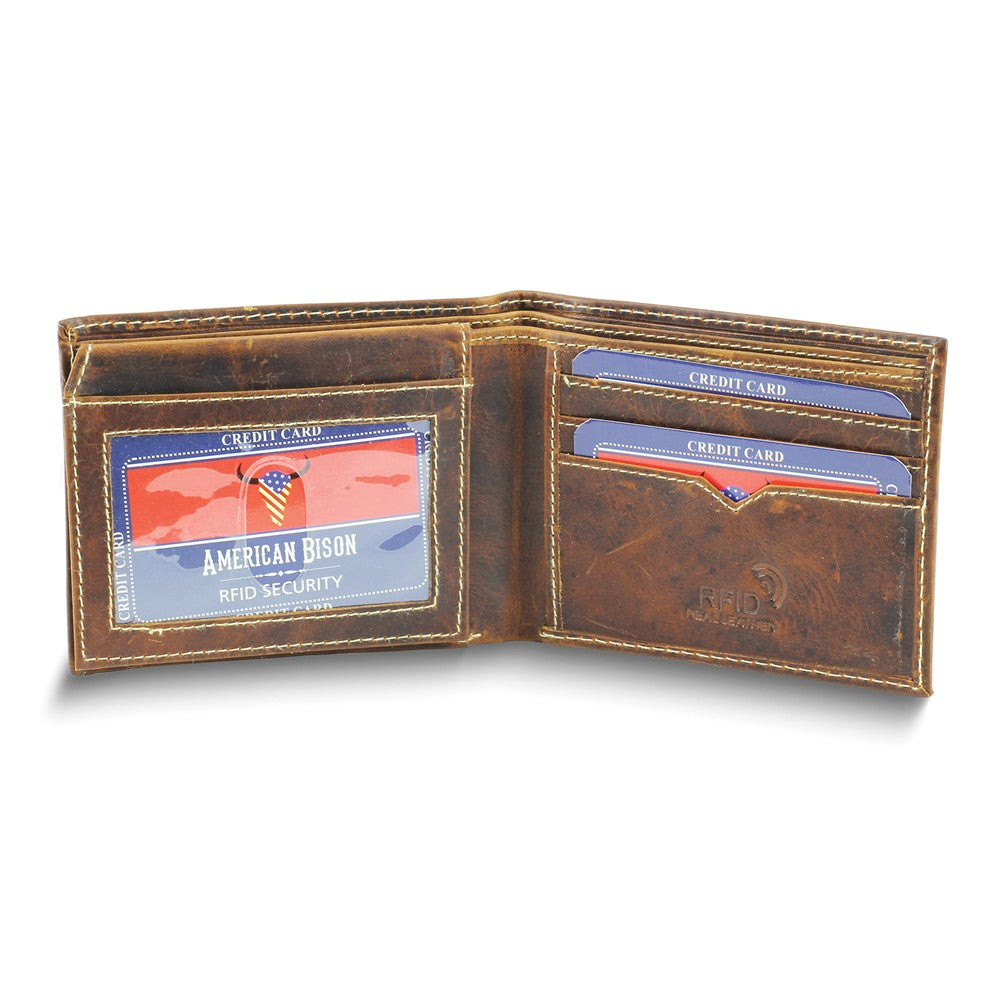 Brown Oiled Leather RFID Blocking Pass Case Top Flap 9-Slot Bifold Wallet with ID Window