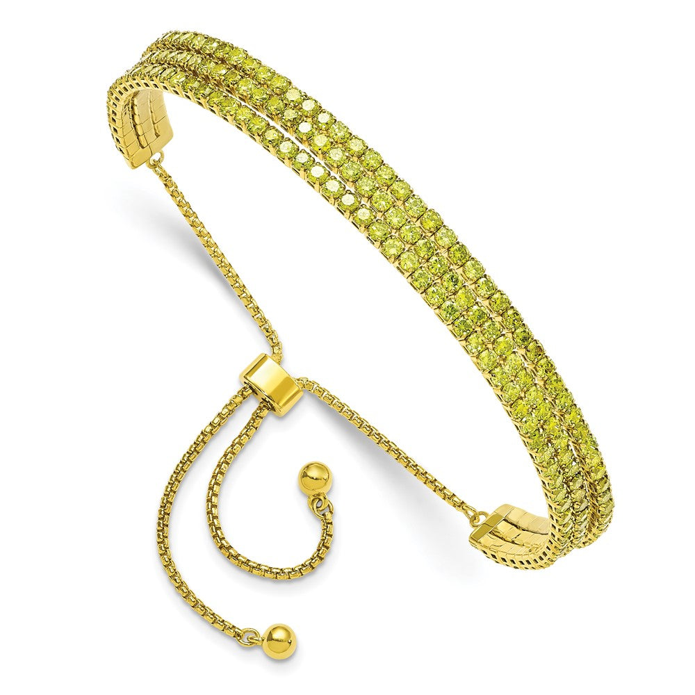 SS Gold Tone August Light Green Triple CZ Adjustable Bracelet
