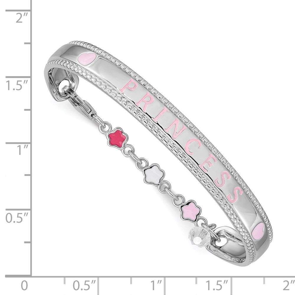 Sterling Silver Rhodium-plated Polished & Beaded Crystal & Multi-color Enameled PRINCESS with Chain Baby Bangle 4.9 inches