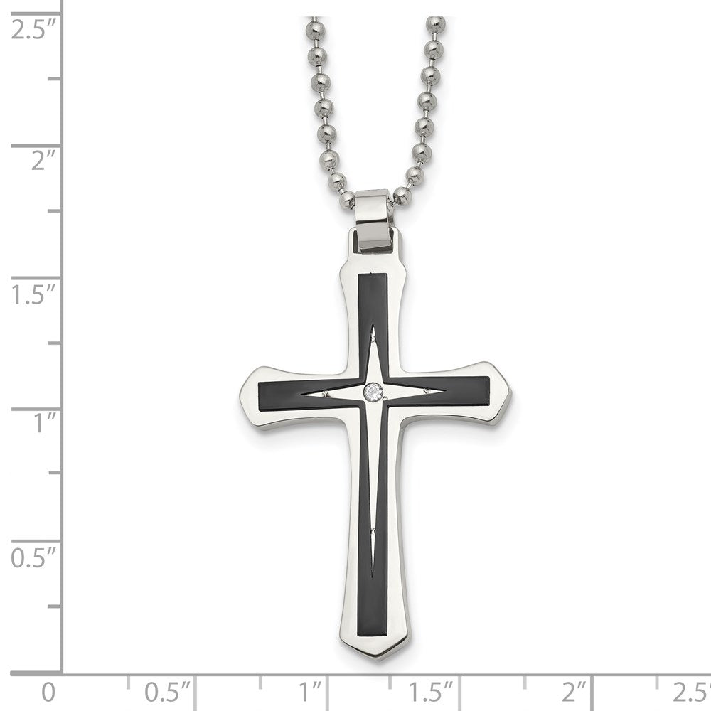 Stainless Steel Brushed and Polished Black IP CZ Cross Necklace