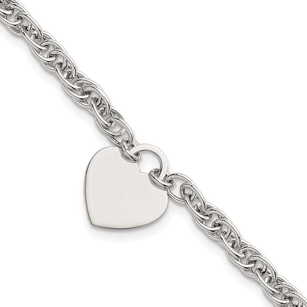 Sterling Silver Polished Fancy Engravable Heart Disc on Rope Chain 7 Inch with 1 Inch Extension Bracelet 8 inches