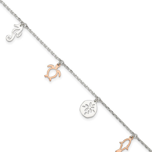 Sterling Silver Rose-tone Seashore Dangles 9in Plus 1in Ext. Anklet 9 inches