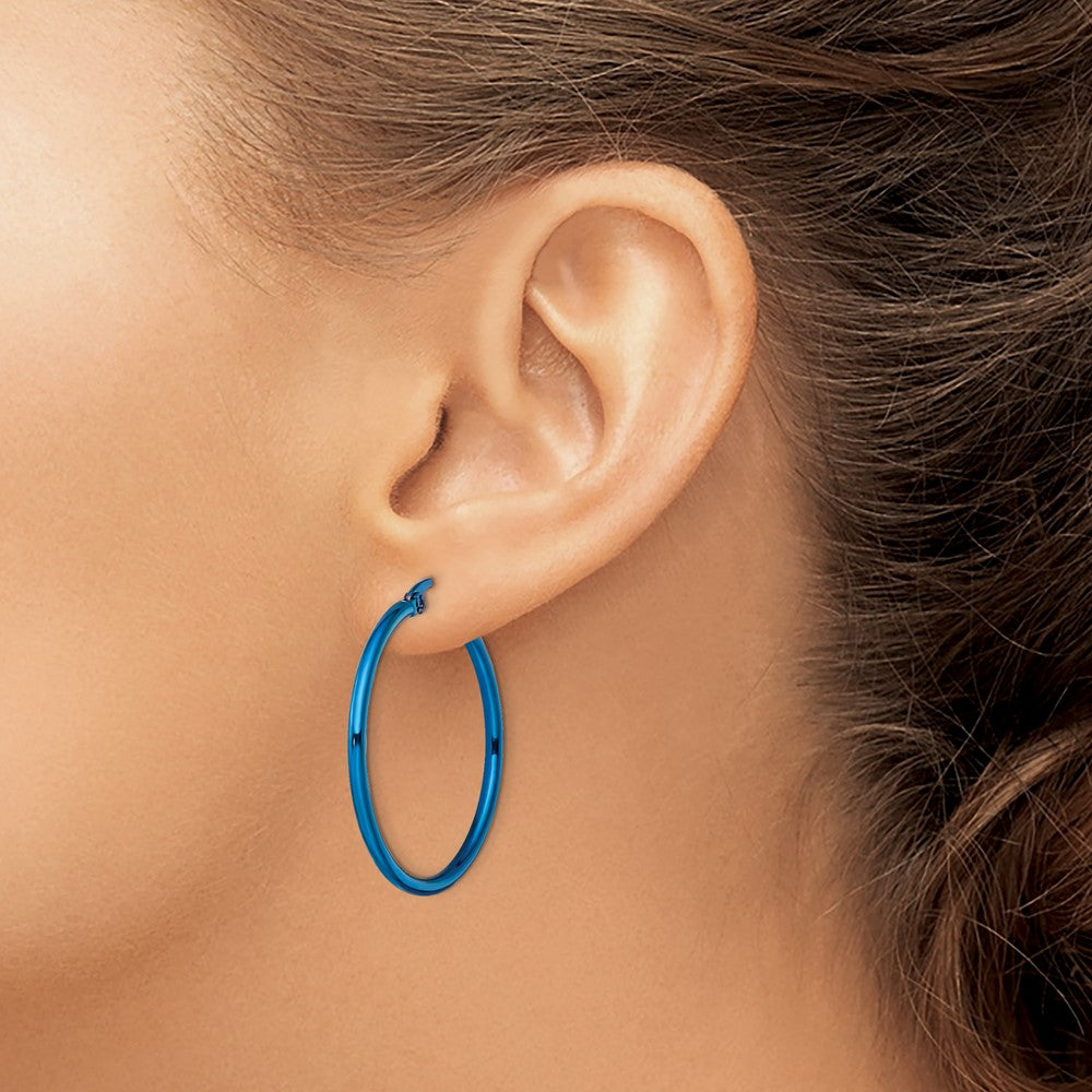 Stainless Steel Polished Blue IP-plated 32mm Diameter Hoop Earrings