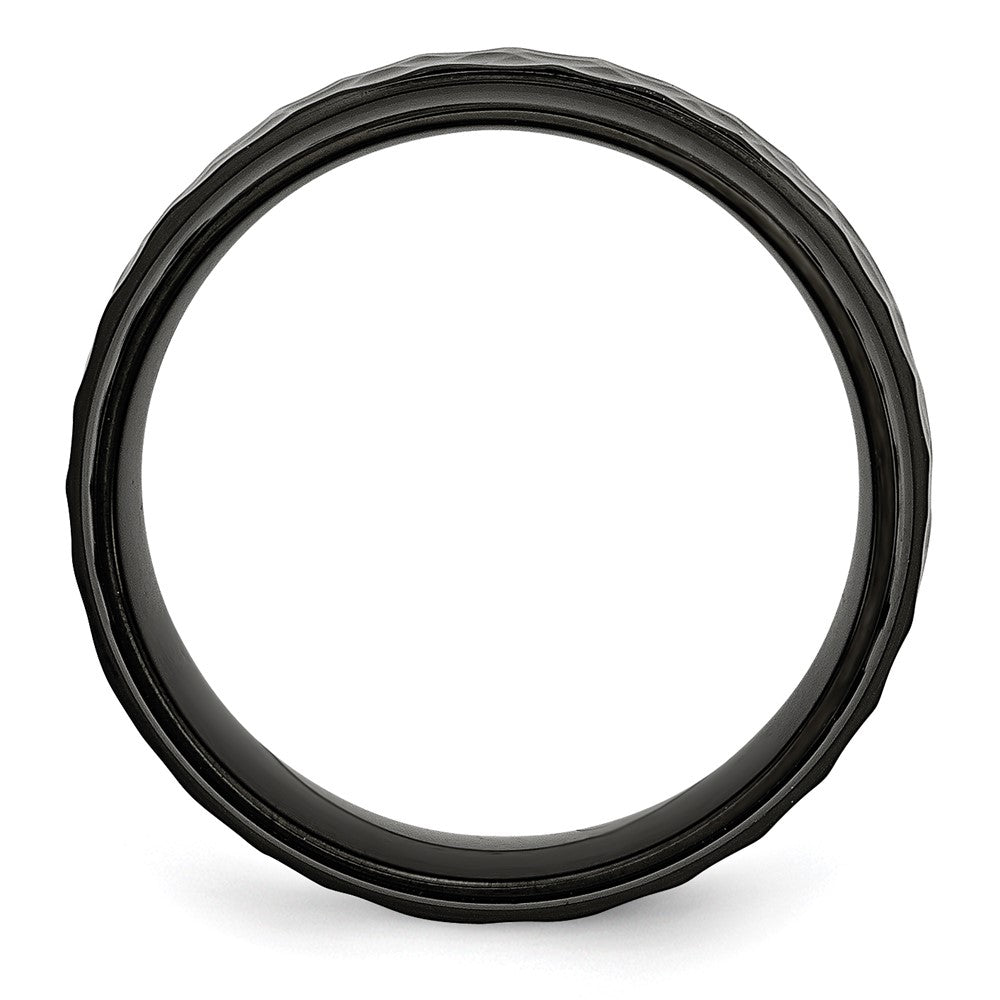 Stainless Steel Polished/Hammered Black IP-plated 8mm Beveled Edge Band Size - 7