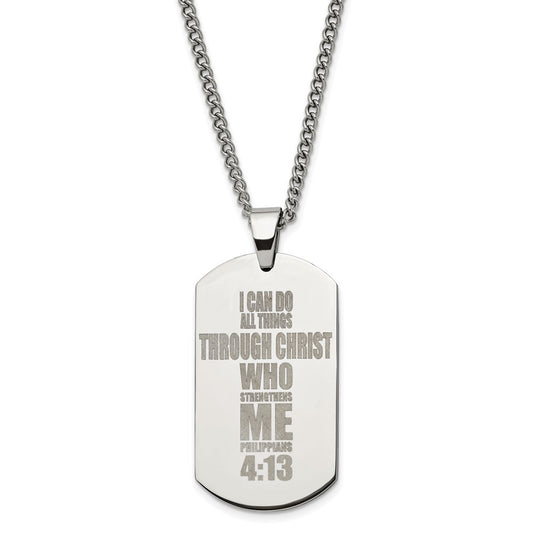 Stainless Steel Polished Lasered Philippians 4:13 Dog Tag 24in Necklace