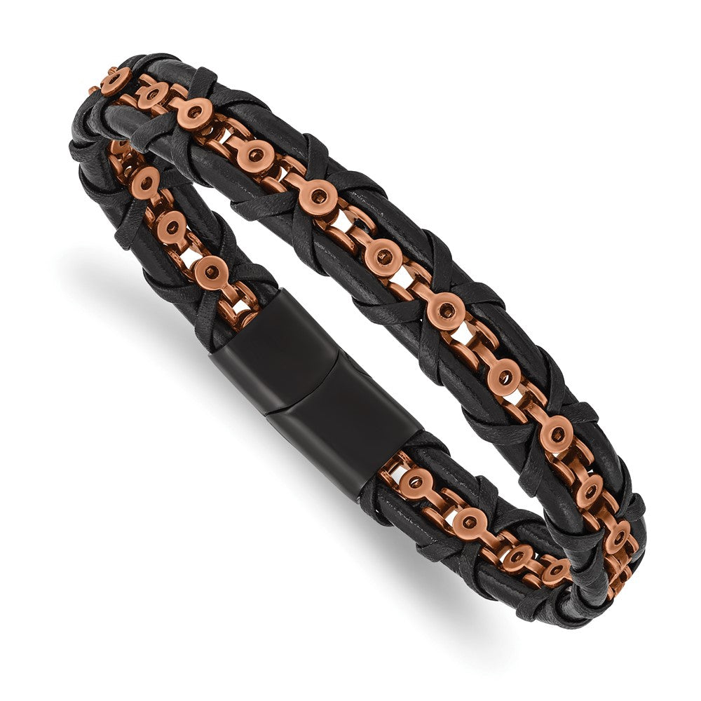 Stainless Steel Antiqued & Polished Rose IP-plated Leather 8.5in Bracelet 8.5 inches