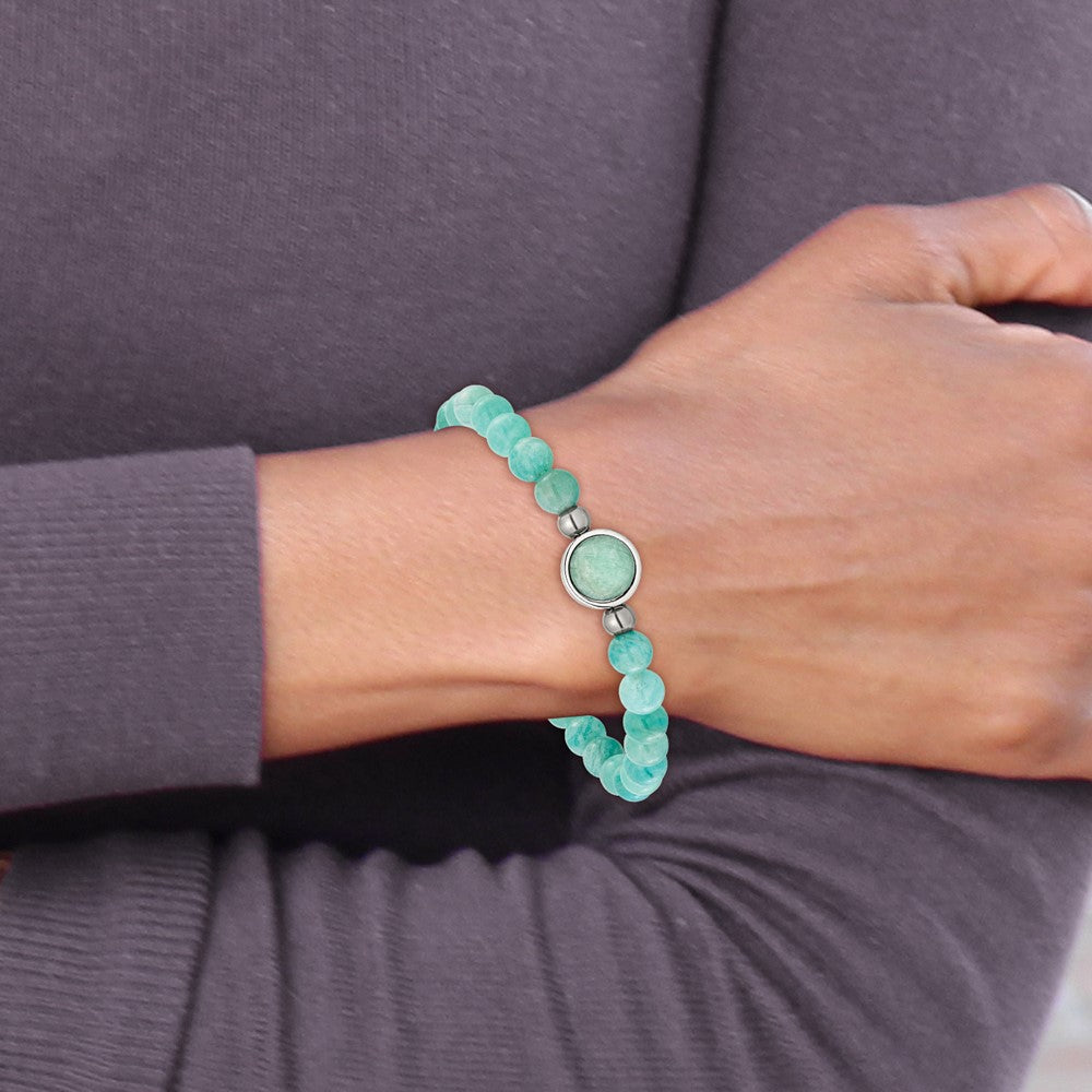 Chisel Stainless Steel Polished 6.5mm China Amazonite Beaded 7 inch Stretch Bracelet 7 inches