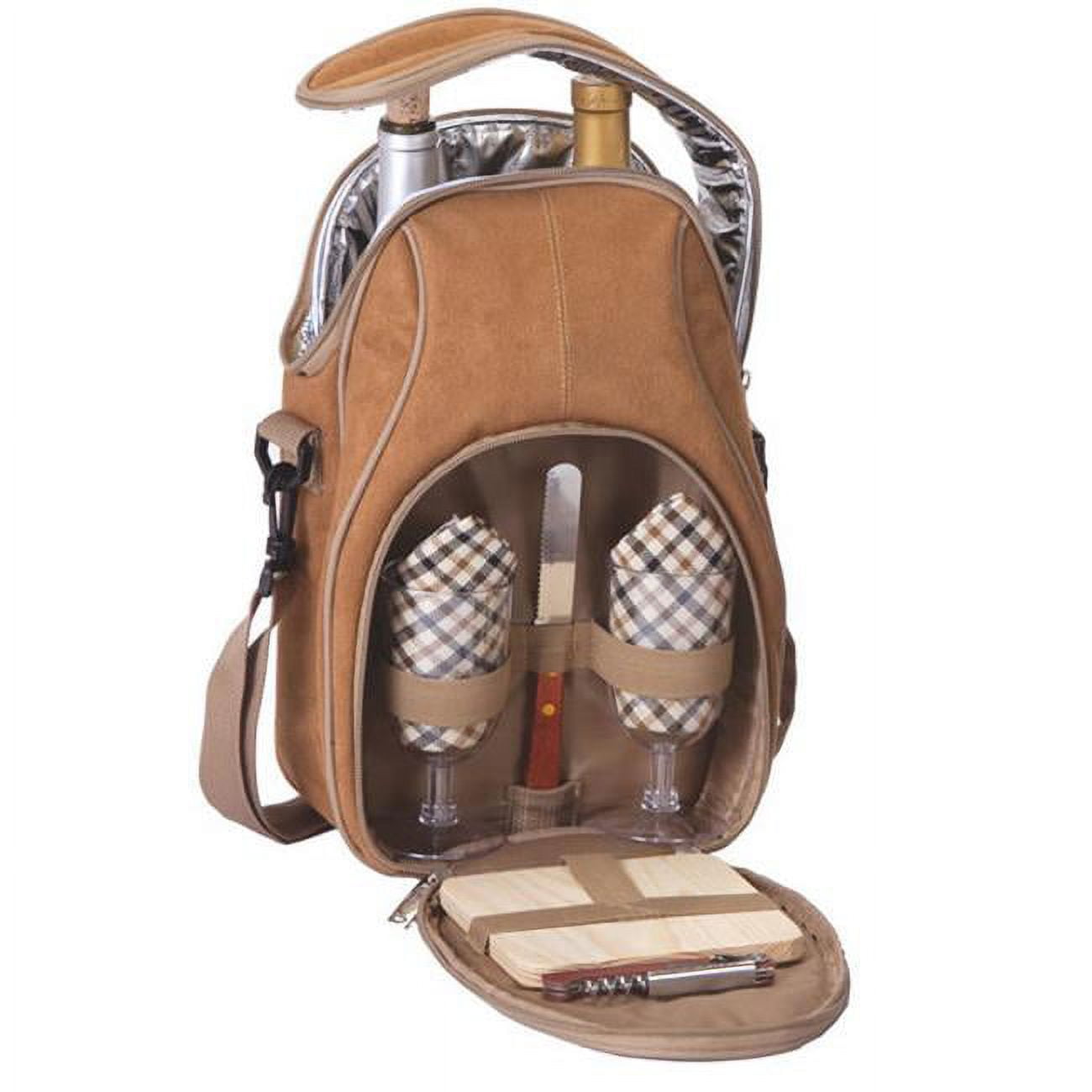 Picnic Plus PSM-229CM Brava Wine & Cheese Backpack Set holds 2 Bottles - Camel Suede