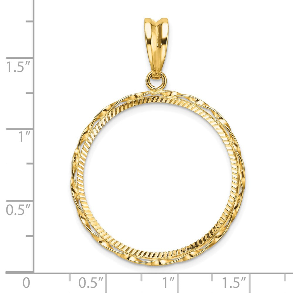 Wideband Distinguished Coin Jewelry 14k Polished Hand Twisted Ribbon and Diamond-cut 27.0mm Prong Coin Bezel Pendant