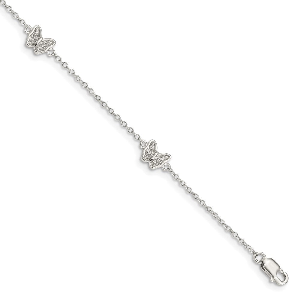 Sterling Silver Rhodium-plated Polished CZ Butterflies 6 inch Bracelet with 1 inch extension 7 inches