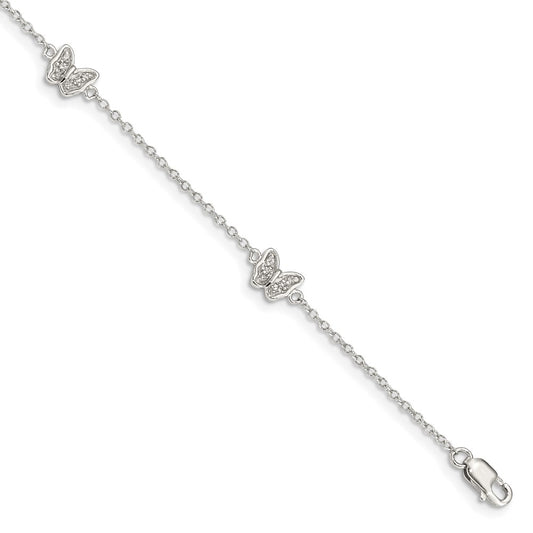 Sterling Silver Rhodium-plated Polished CZ Butterflies 6 inch Bracelet with 1 inch extension 7 inches