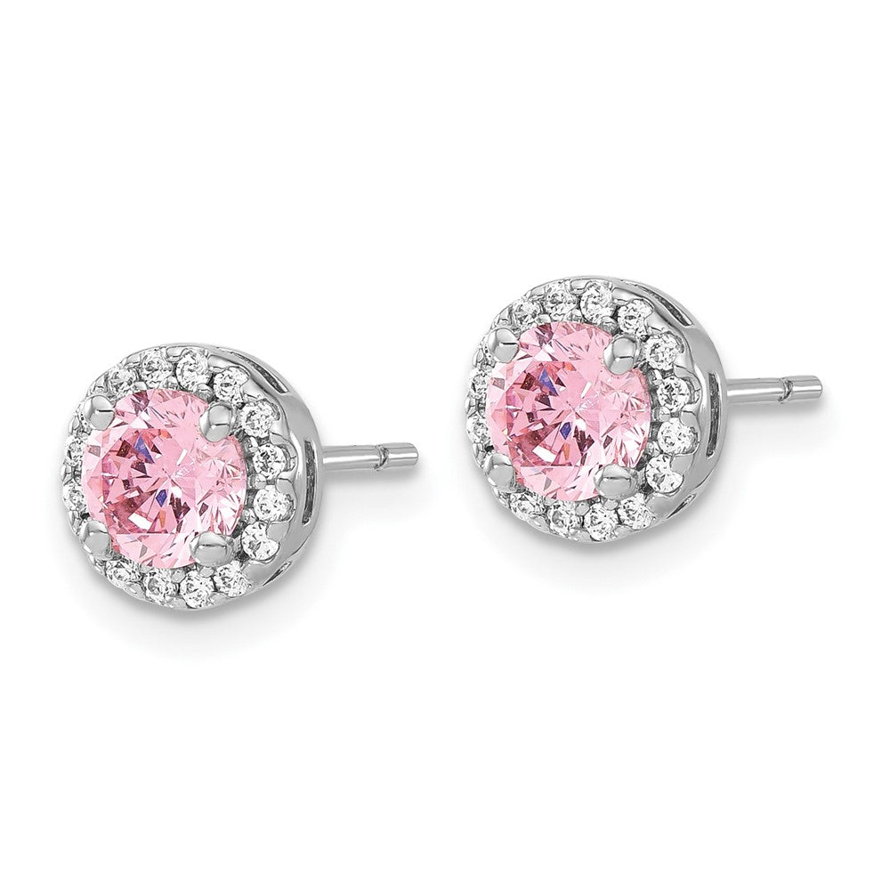 Sterling Silver Rhodium-plated Diamonore CZ Pink/White Halo Earrings
