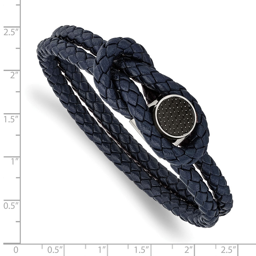 Stainless Steel Polished w/Carbon Fiber Inlay Navy Leather 8.5in Bracelet 8.5 inches