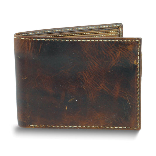 Brown Oiled Leather RFID Blocking Pass Case Top Flap 9-Slot Bifold Wallet with ID Window