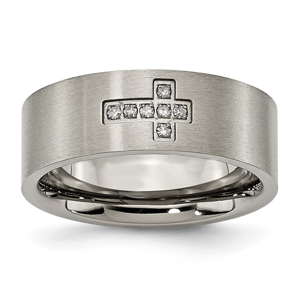Titanium Brushed 1/15ct Diamond Cross 8mm Flat Band Size - 9