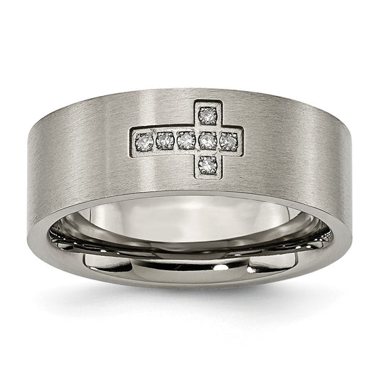 Titanium Brushed 1/15ct Diamond Cross 8mm Flat Band Size - 9