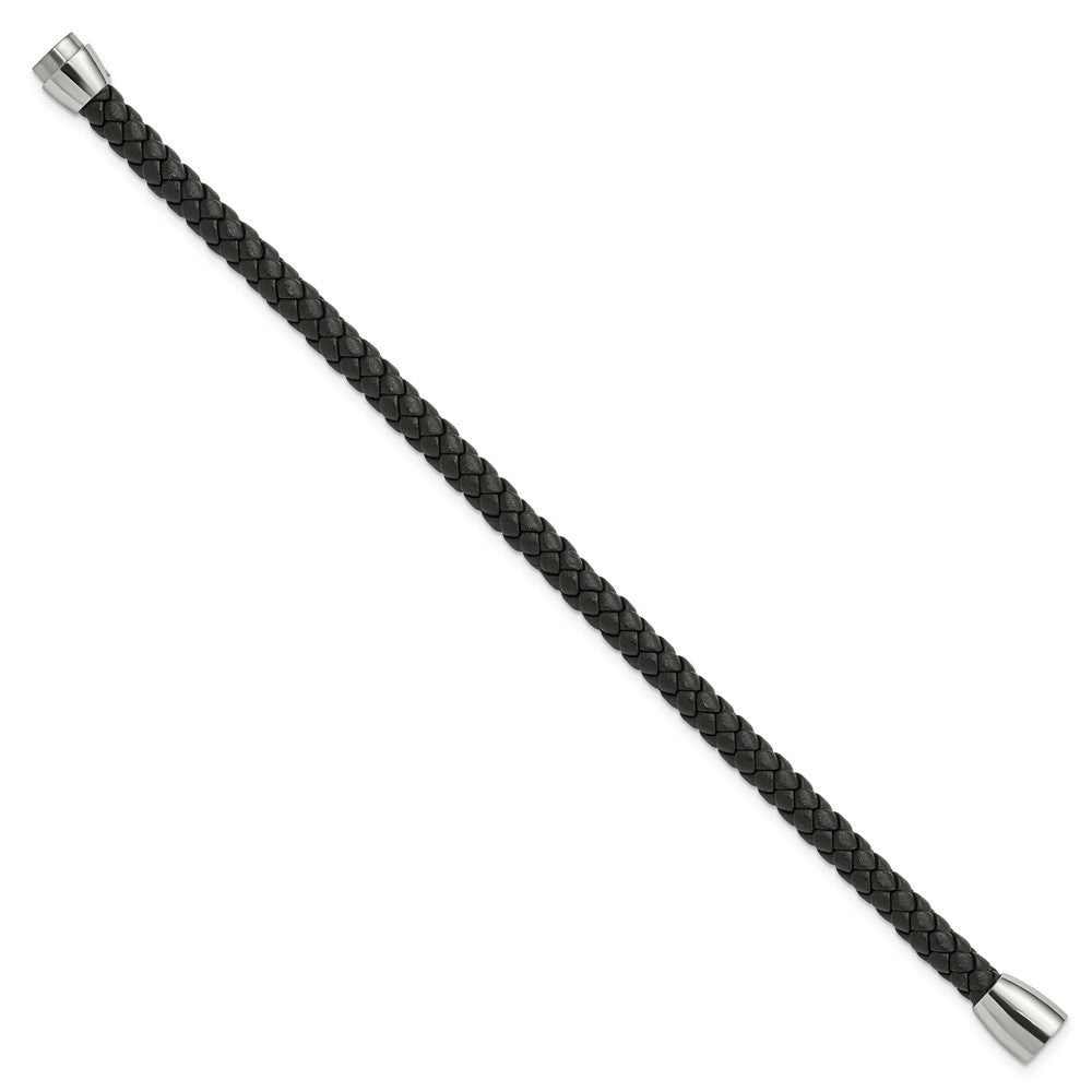Stainless Steel Polished Black Leather 8.5in Bracelet 8.5 inches