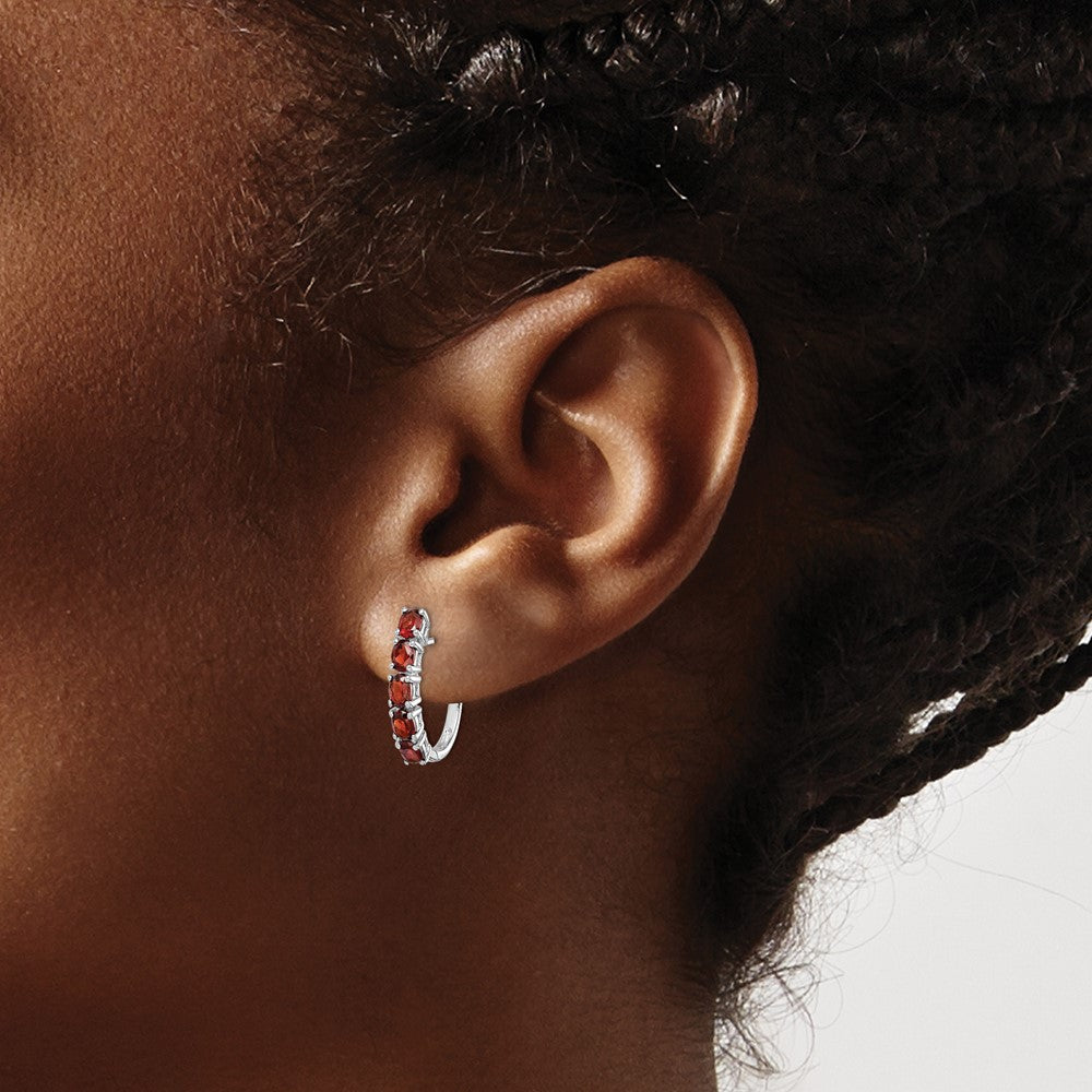 Sterling Silver Rhodium-plated Polished Garnet Hinged Hoop Earrings