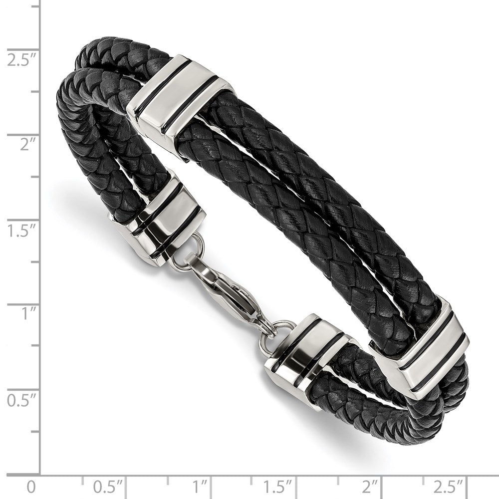 Stainless Steel Polished Braided Black Leather 9in Bracelet 9 inches