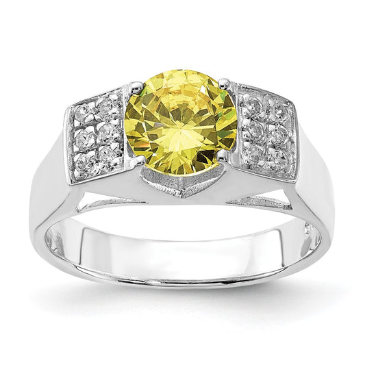 Sterling Silver Yellow Round w/Pavâ Sides CZ Ring