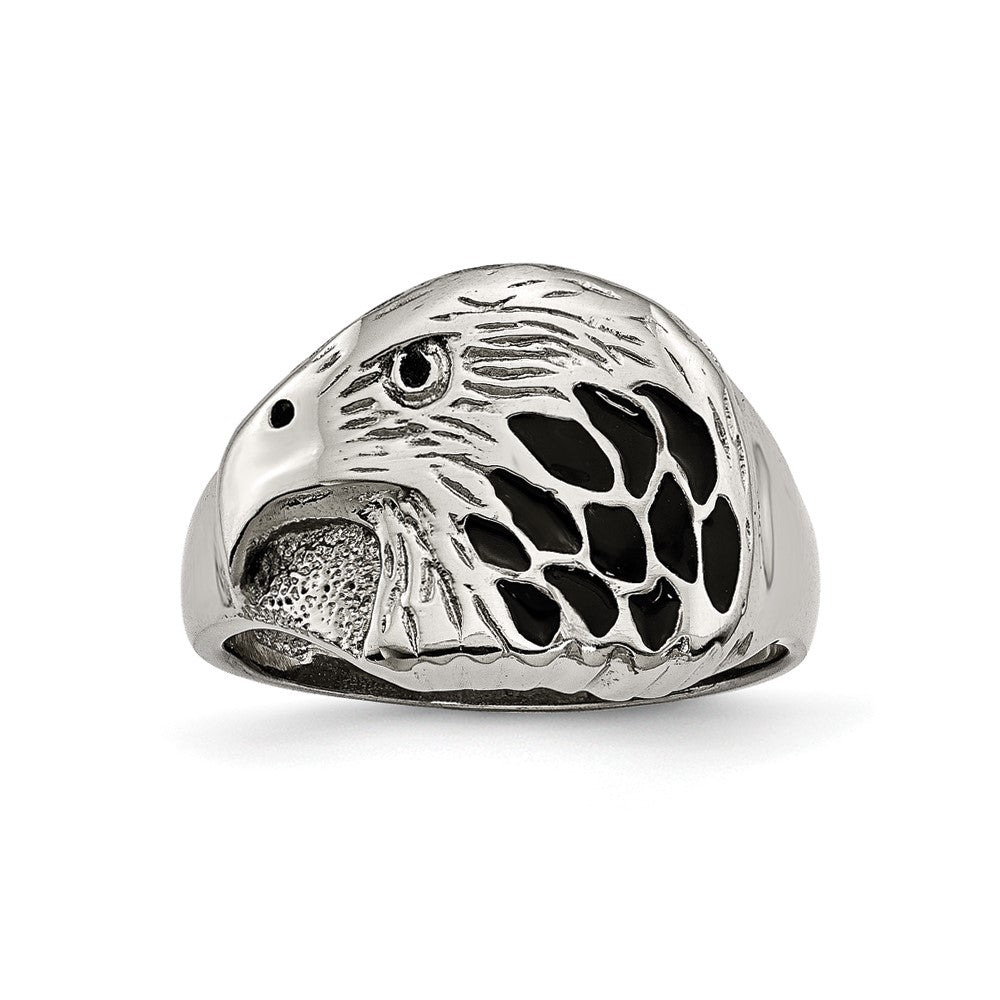 Stainless Steel Polished and Textured Black Enameled Eagle Ring Size - 10