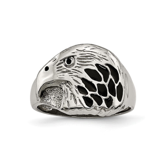 Stainless Steel Polished and Textured Black Enameled Eagle Ring Size - 10