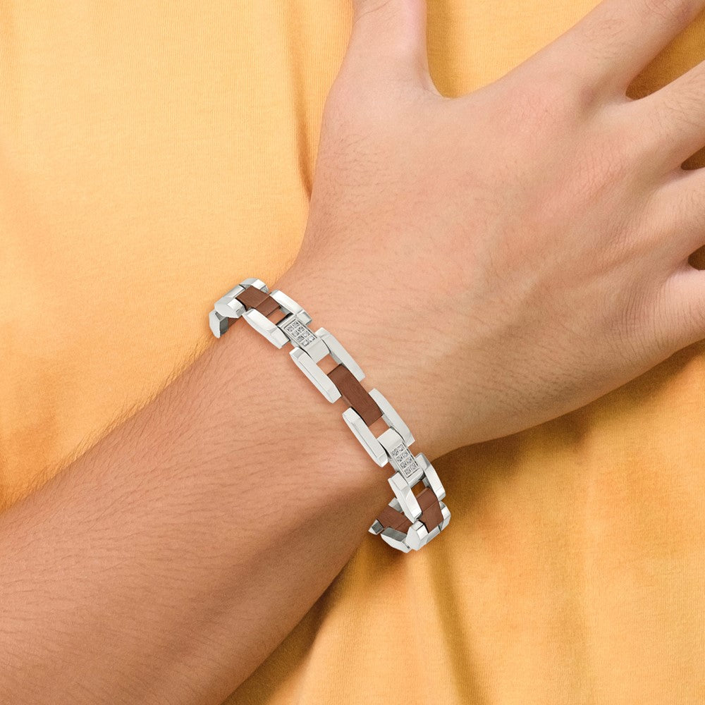 Stainless Steel Brushed & Polished Brown IP 1/4ct. Diamond 8.5in Bracelet 8.5 inches