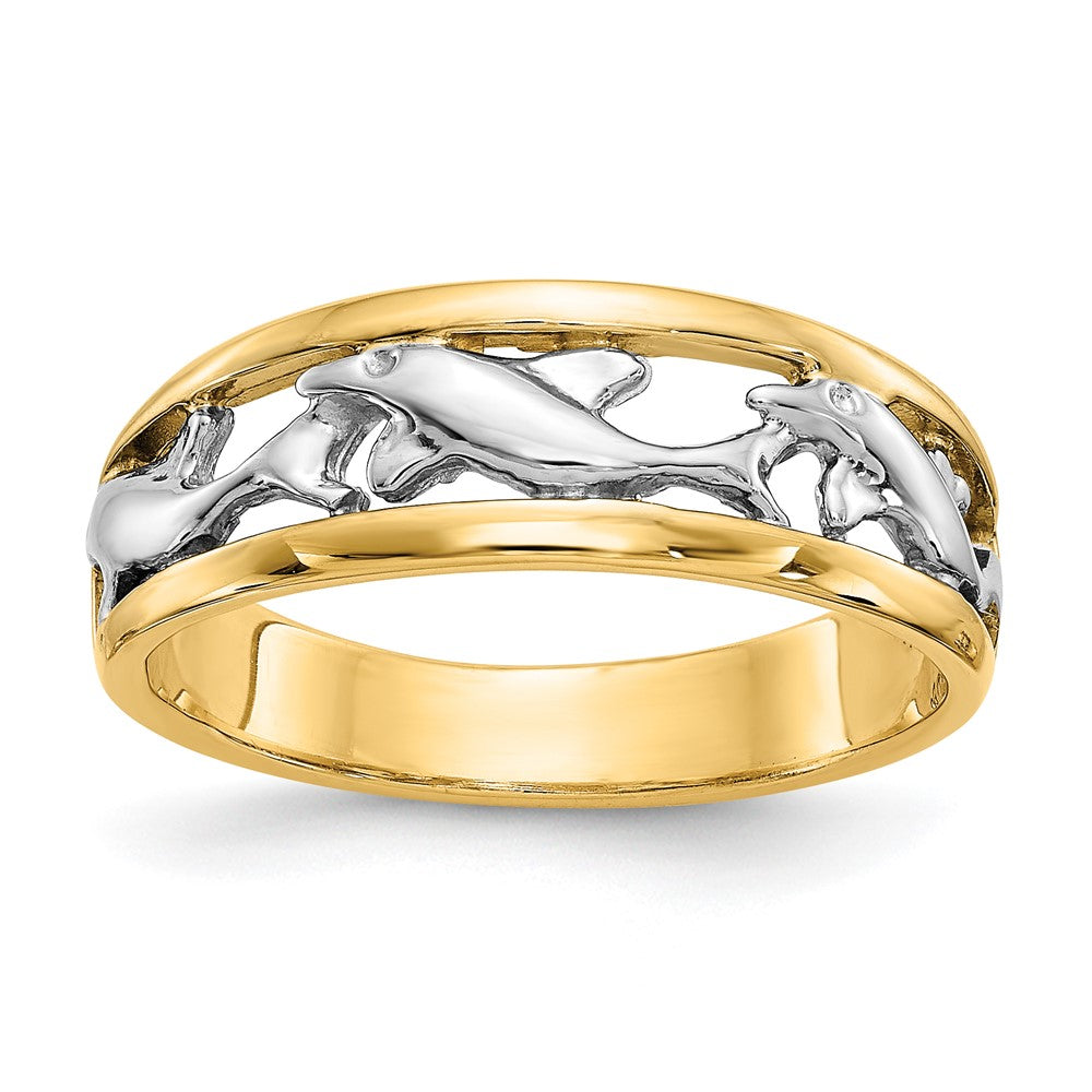 14k With Rhodium Dolphin Ring Size 6