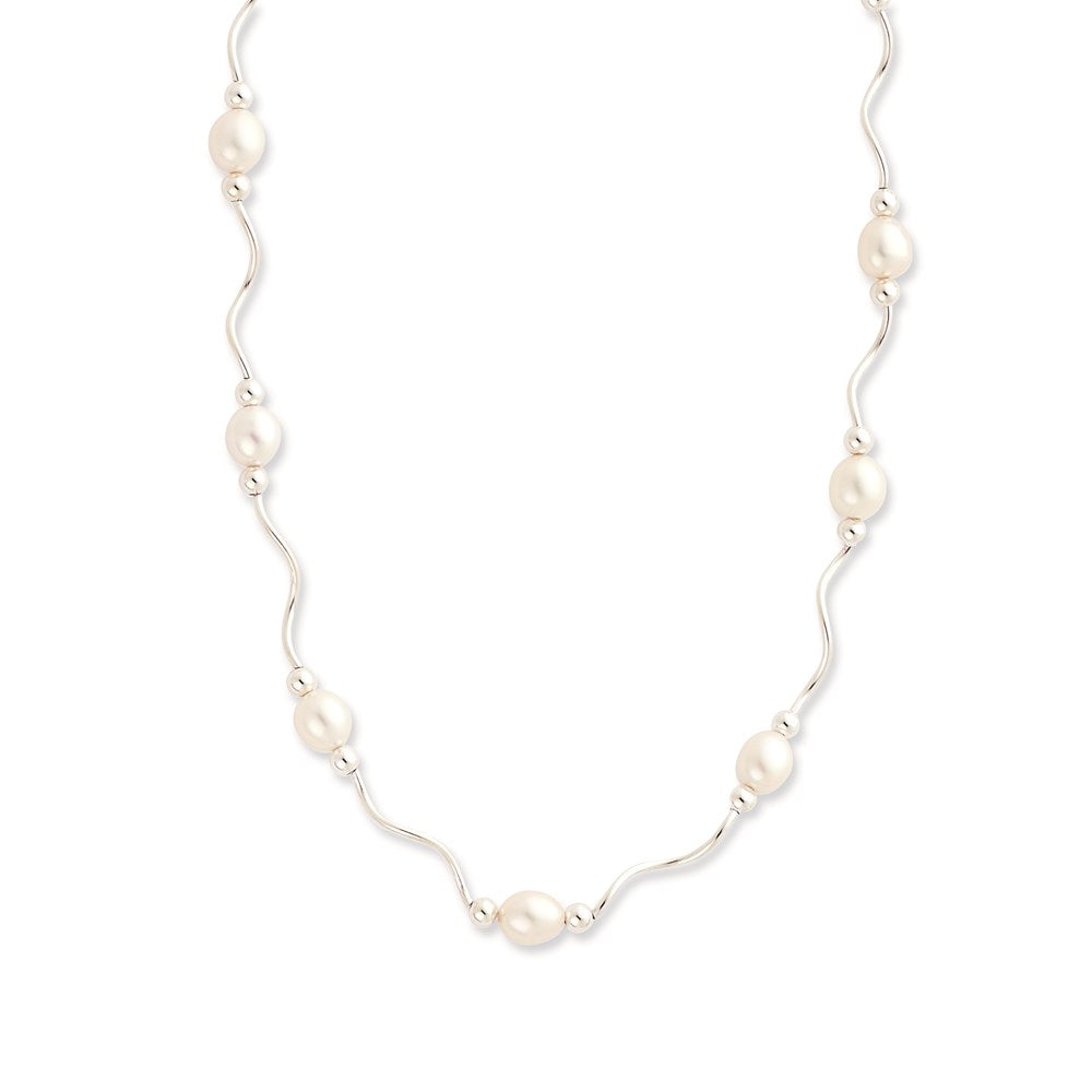 Sterling Silver Rhodium-plated 6-7mm White Rice Freshwater Cultured Pearl 16-Station 18 inch Necklace 18 Inches