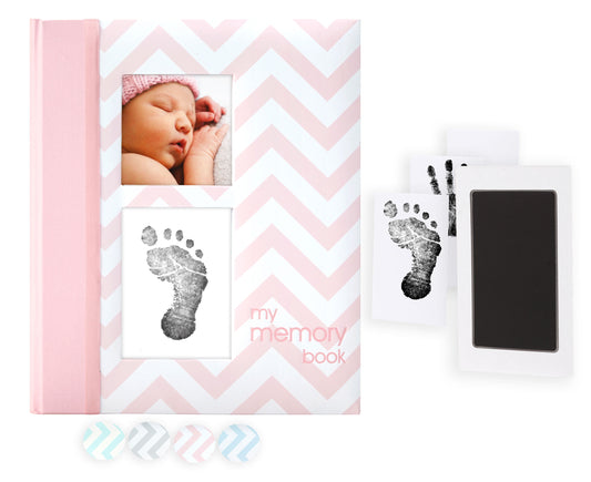Pearhead Chevron Baby Book and Clean Touch Ink Pad, Pink