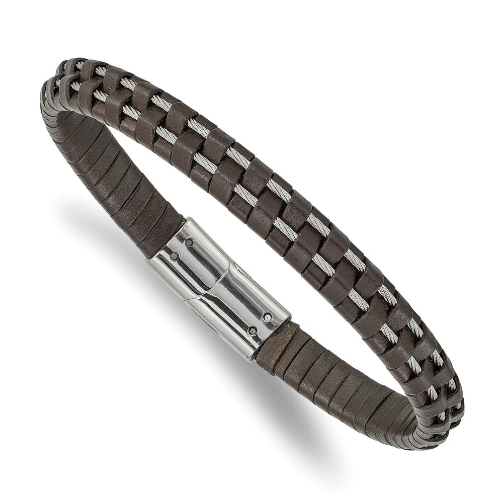Stainless Steel Polished Cable and Brown Leather 8.75in Bracelet 8.75 inches