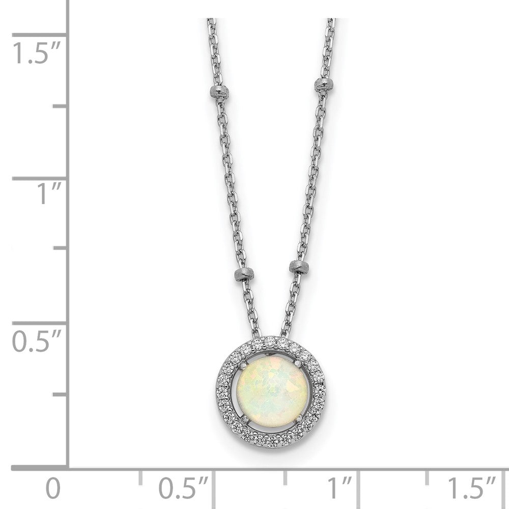 Sterling Silver RH-plated White Created Opal CZ Beaded w/2 in ext. Necklace 16 Inches