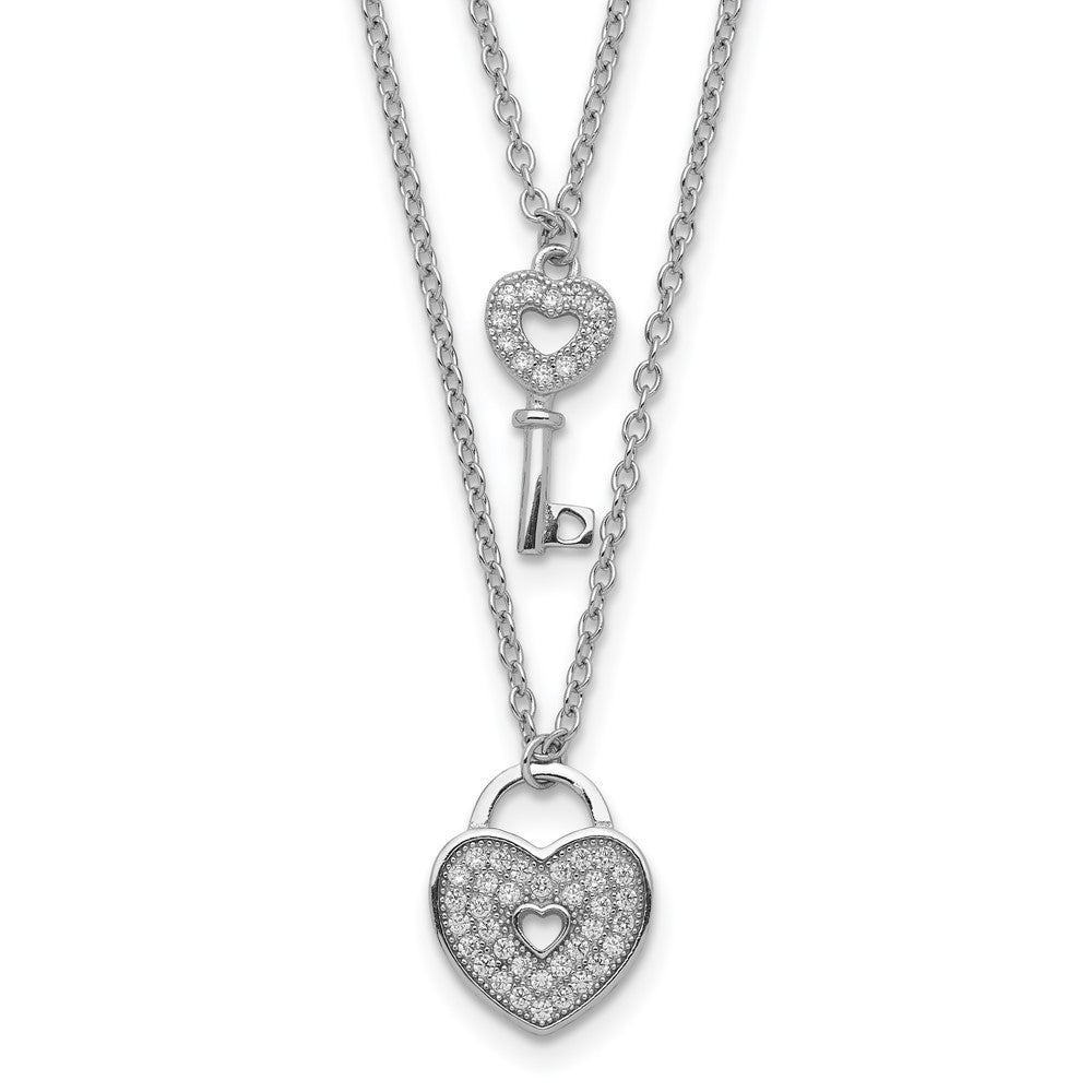 Sterling Silver Rhodium-plated CZ Heart Lock/Key w/2in ext Necklace 16 Inches