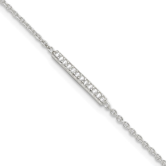 Sterling Silver Polished CZ Bar 9in Plus 1in Ext. Anklet 9 inches