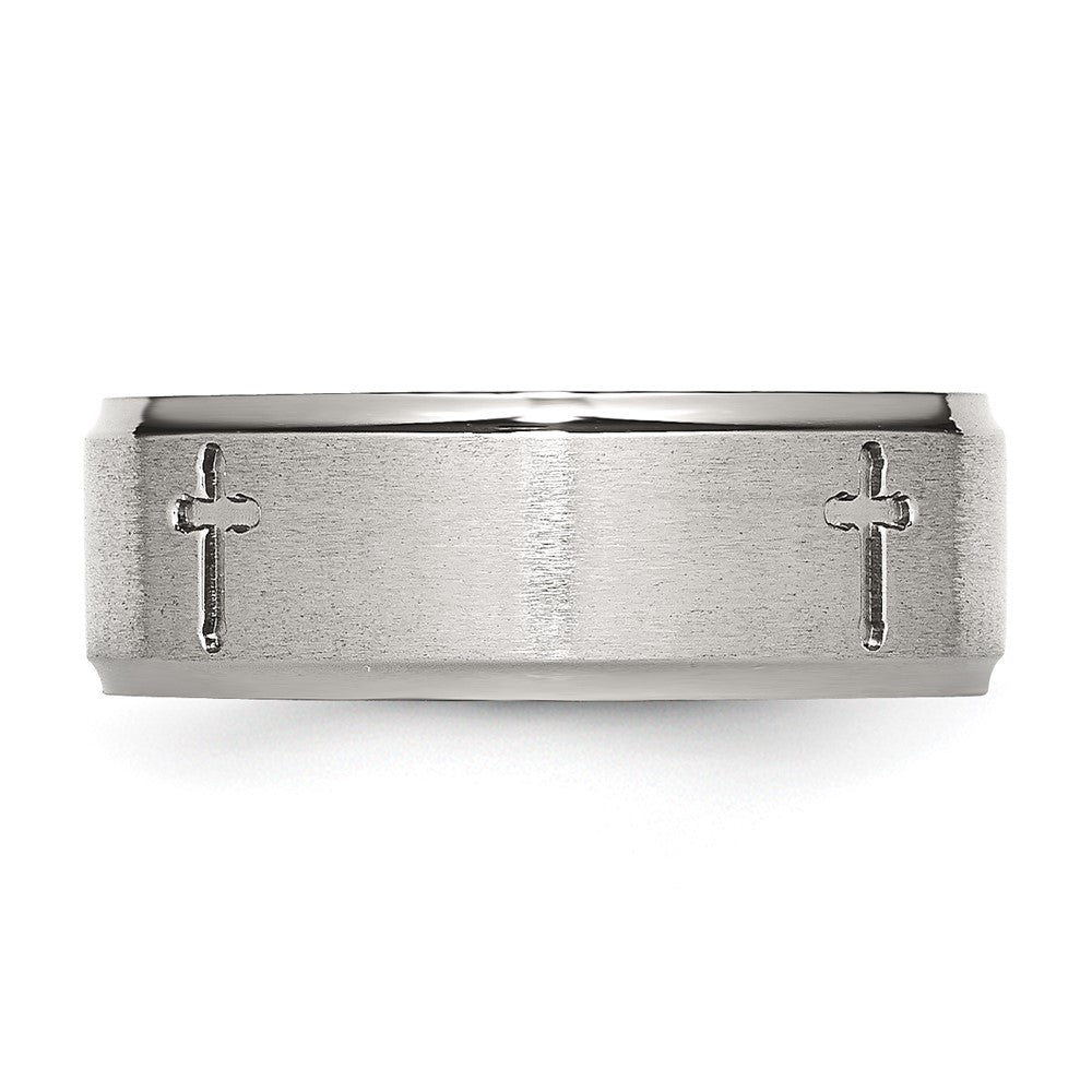Stainless Steel Brushed and Polished Cross 8mm Ridged Edge Band Size - 10