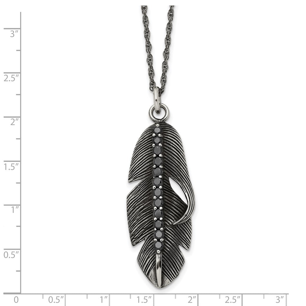 Stainless Steel Antiqued & Polished w/Black CZ Feather 20in Necklace