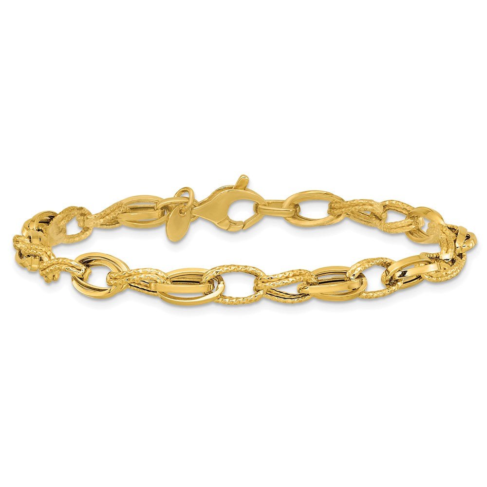 14K Polished and Textured Fancy Oval Link Bracelet 7.5  inches