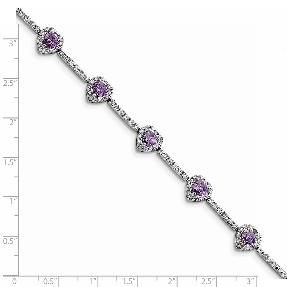 Sterling Silver Rhodium-plated Amethyst and Clear CZ Heart Bracelet 7 inches