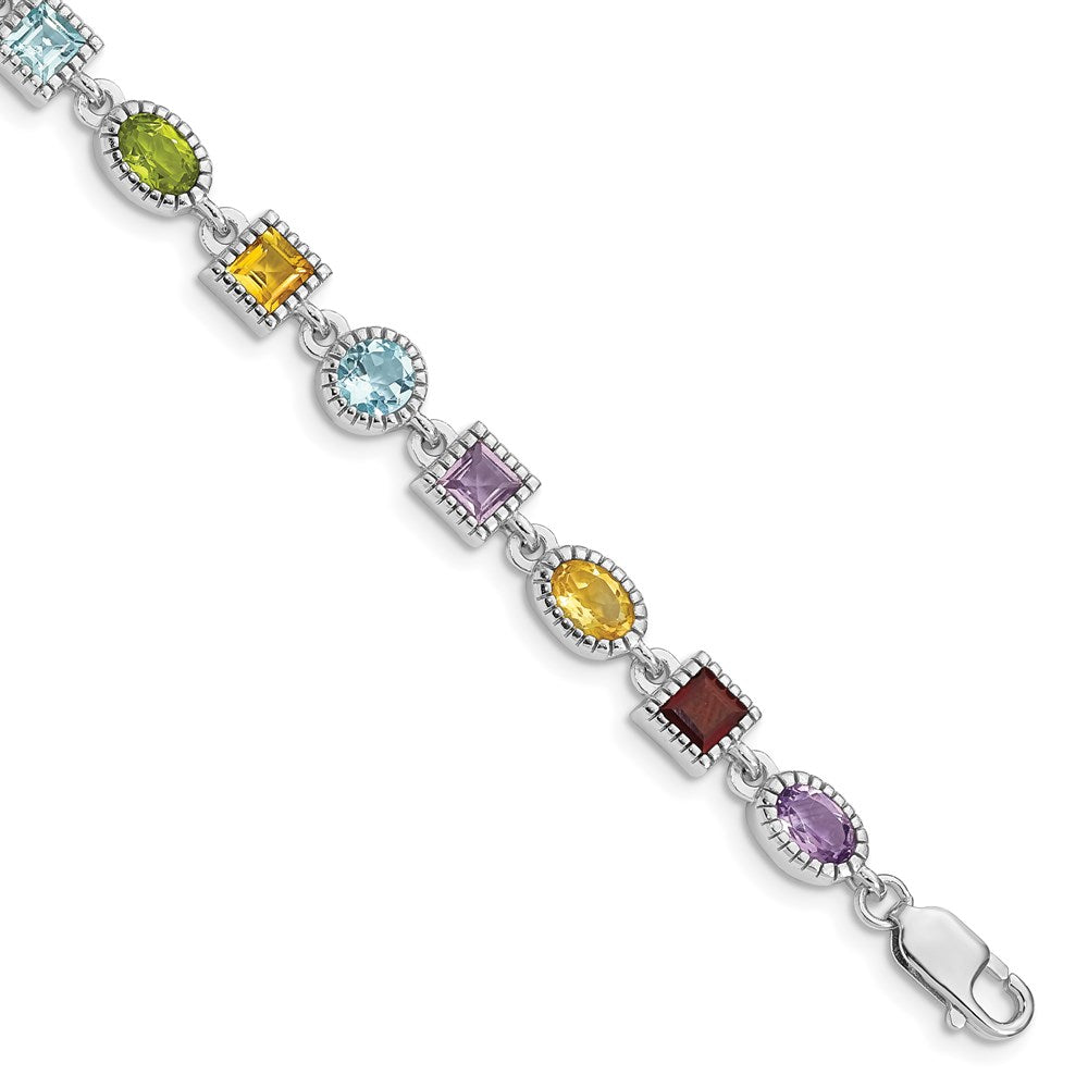 Sterling Silver 7inch Rhod Plated Rainbow Multi-gemstone Bracelet 7 inches