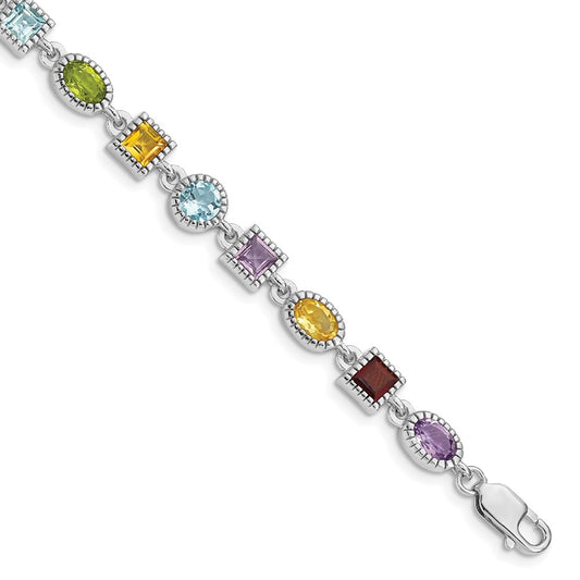 Sterling Silver 7inch Rhod Plated Rainbow Multi-gemstone Bracelet 7 inches