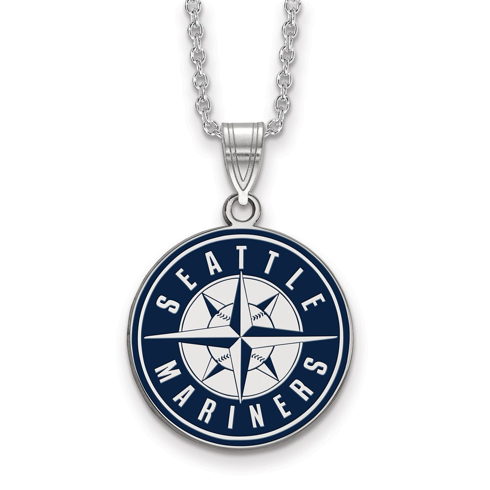 SS Rhodium-plated MLB LogoArt Seattle Mariners Large Enameled Necklace