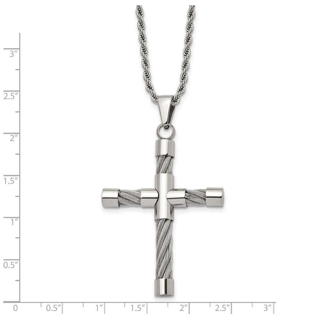 Stainless Steel Polished and Textured w/Cable Cross 22in Necklace