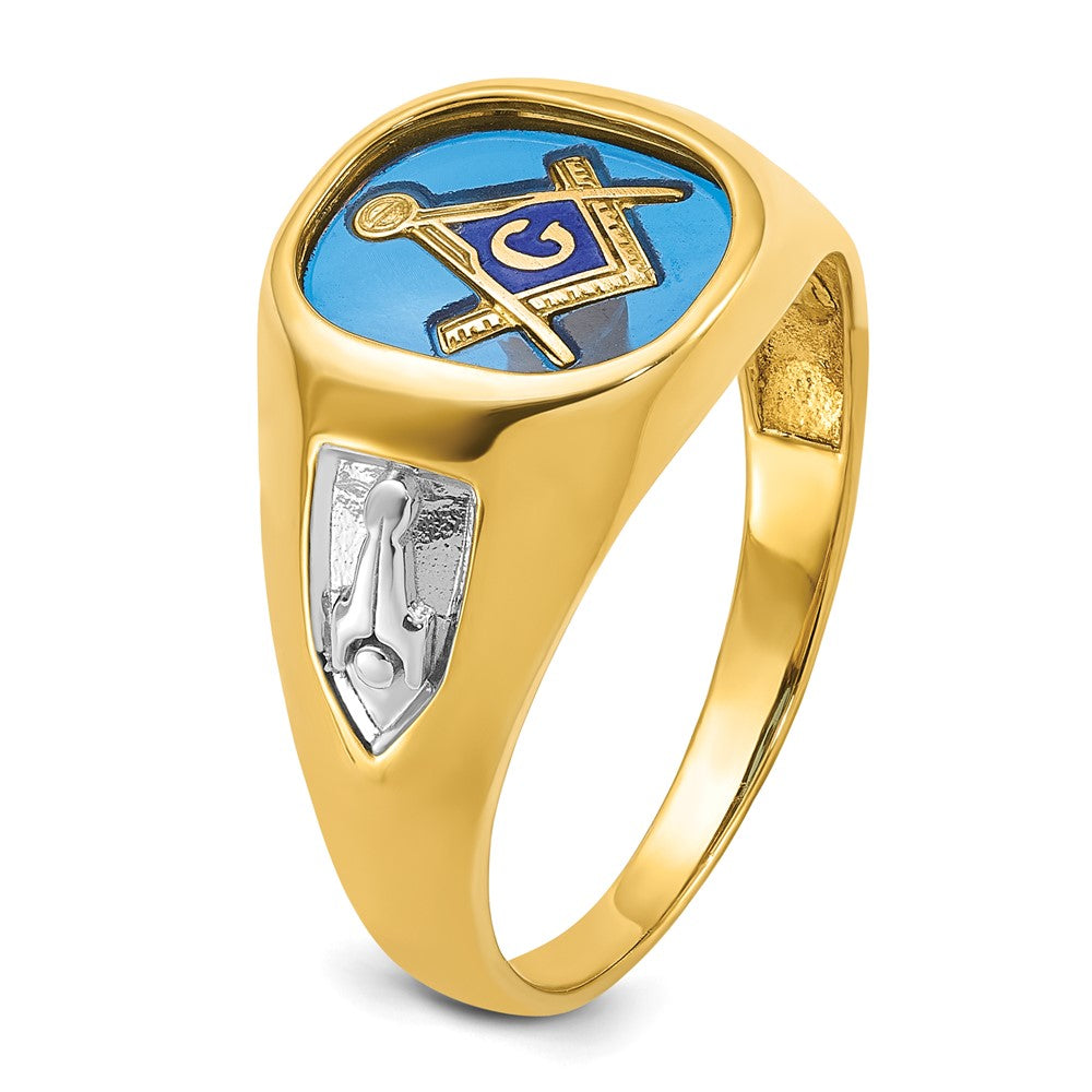 IBGoodman 14k with White Rhodium Men's Polished and Textured with Lab Created Sapphire Blue Lodge Master Masonic Ring Size 10