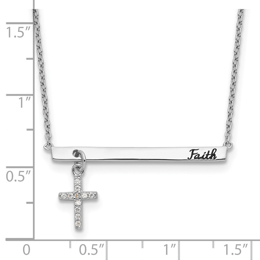 Sterling Silver RH-plated CZ Cross Black Enamel FAITH Bar Necklace 16 Inches